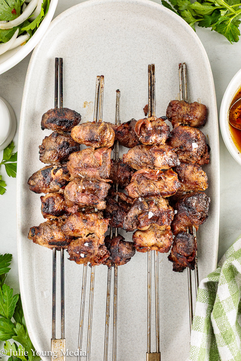 Grilled Liver and Bacon Skewers + Onion Parsley Salad