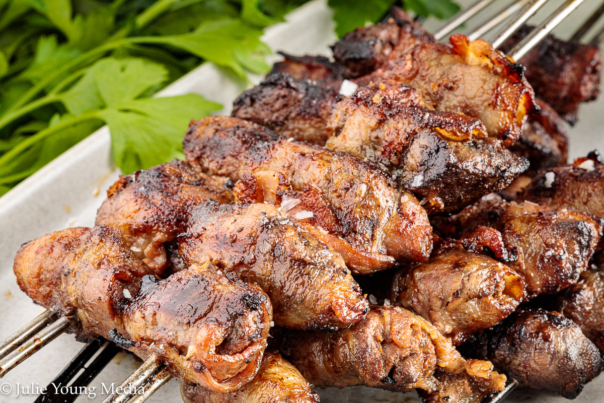 Grilled Liver and Bacon Skewers + Onion Parsley Salad