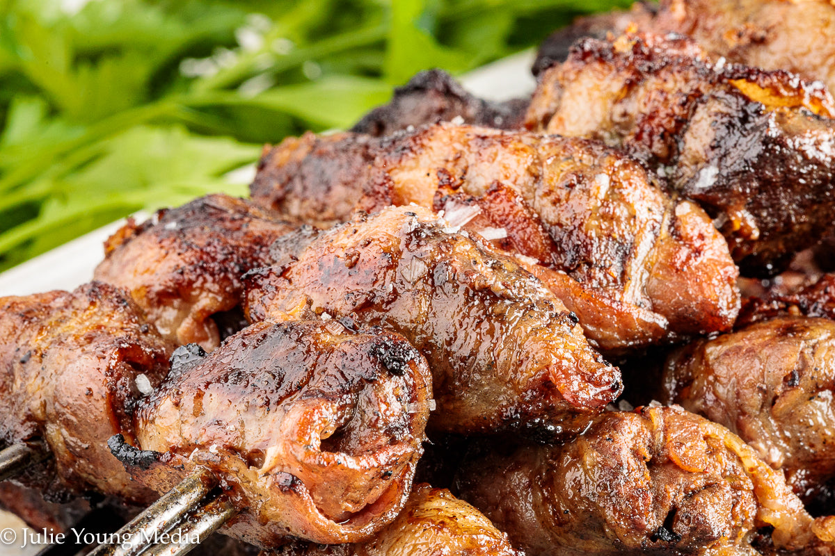 Grilled Liver and Bacon Skewers + Onion Parsley Salad