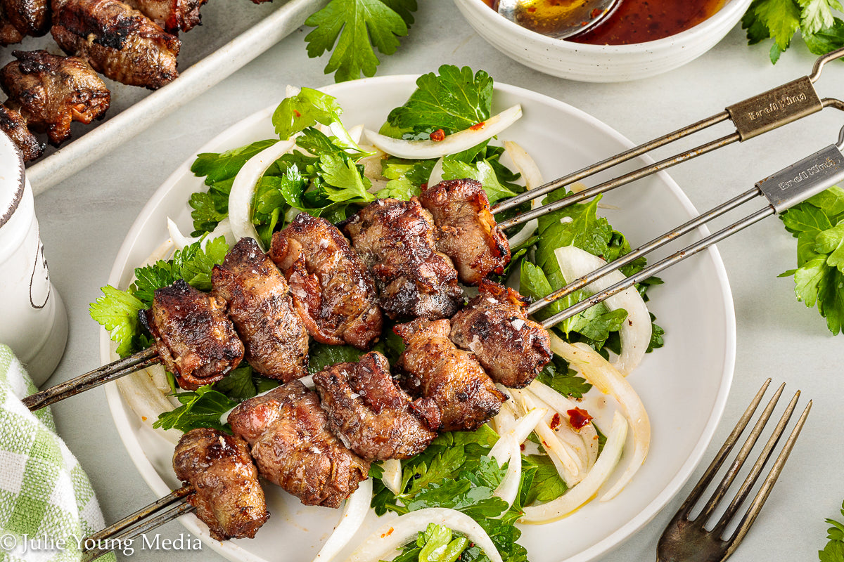 Grilled Liver and Bacon Skewers + Onion Parsley Salad