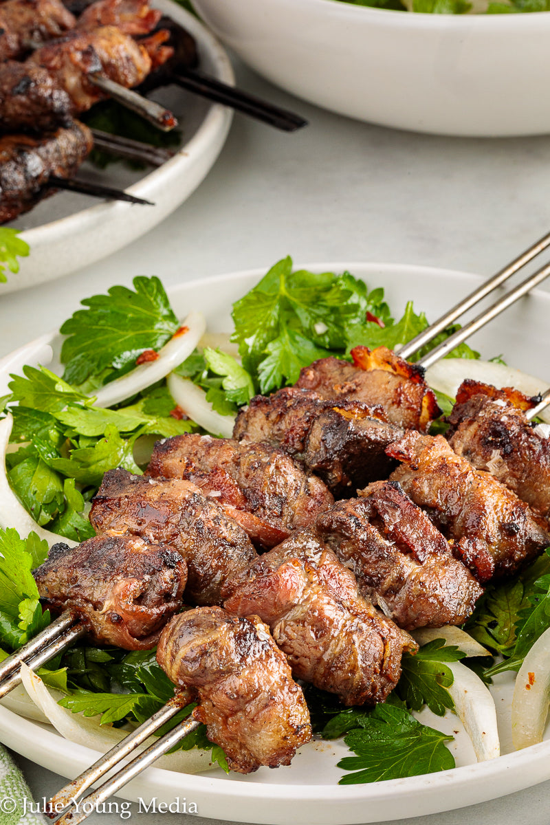 Grilled Liver and Bacon Skewers + Onion Parsley Salad