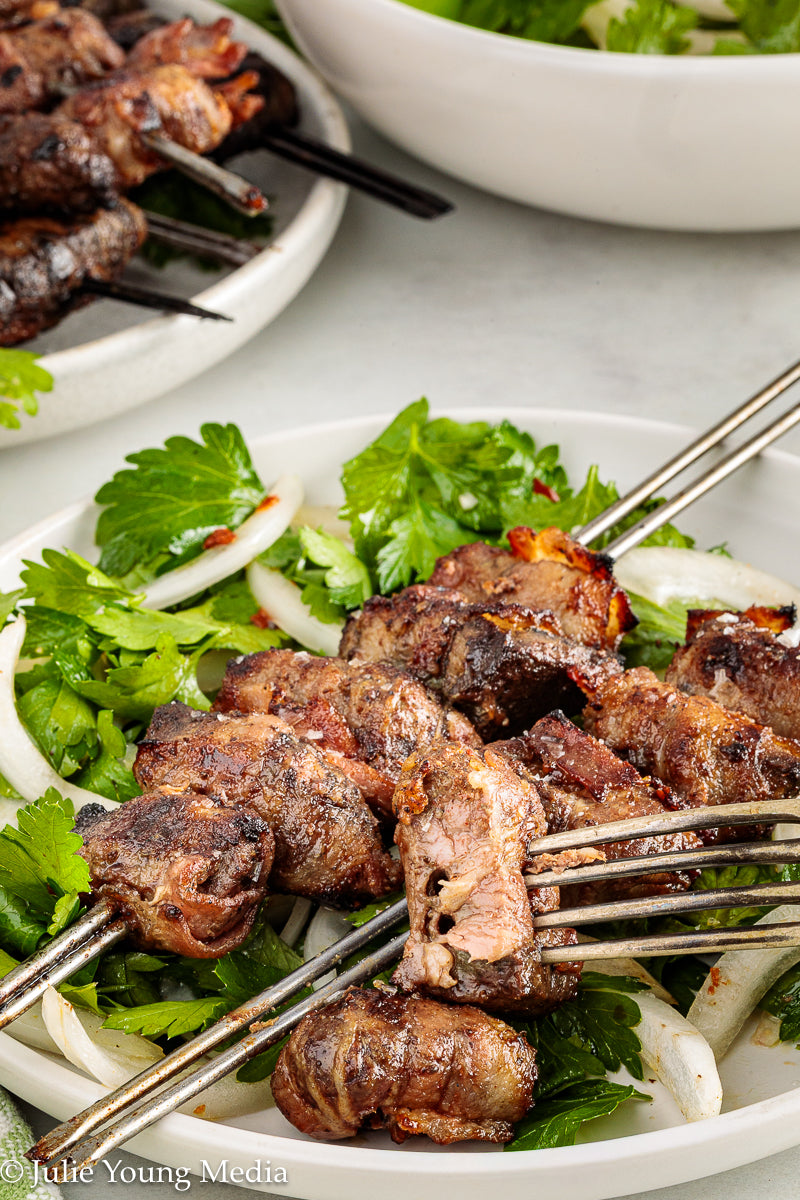 Grilled Liver and Bacon Skewers + Onion Parsley Salad