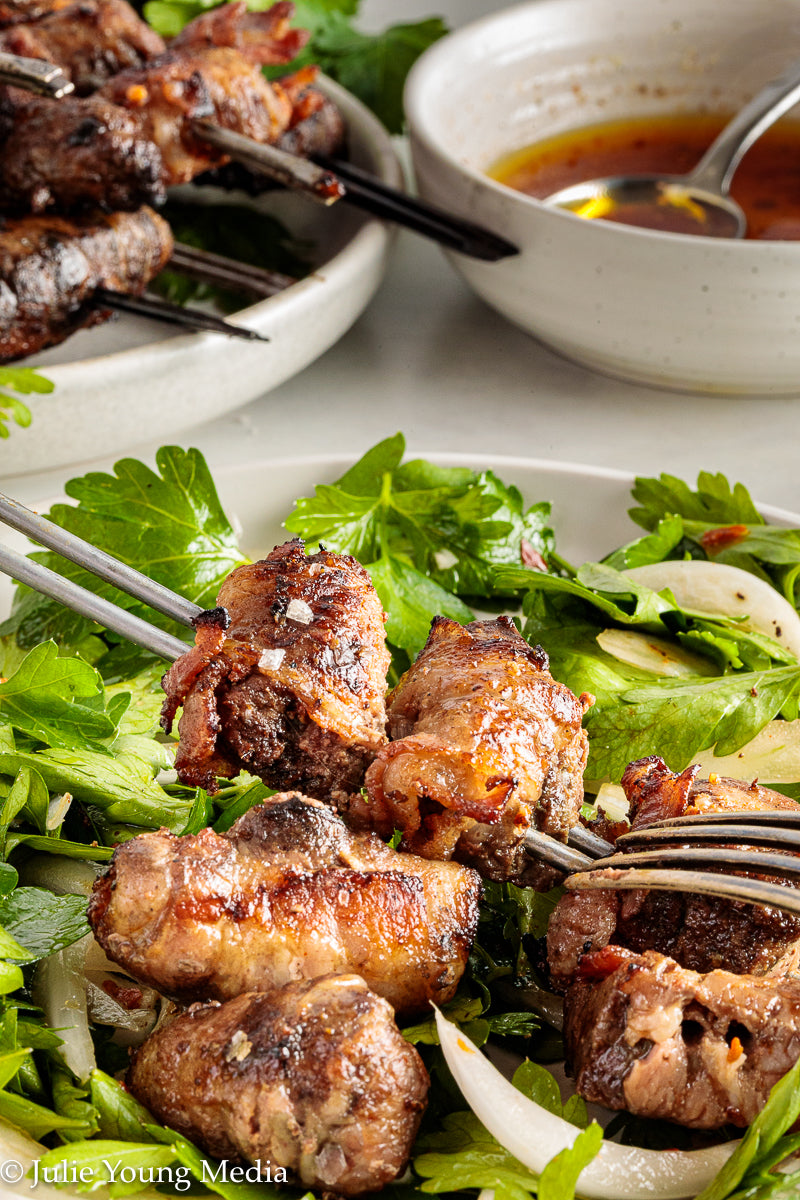 Grilled Liver and Bacon Skewers + Onion Parsley Salad