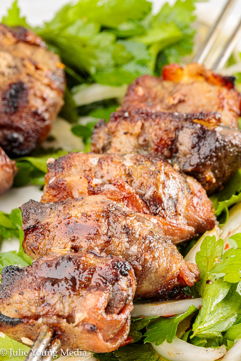 Grilled Liver and Bacon Skewers + Onion Parsley Salad
