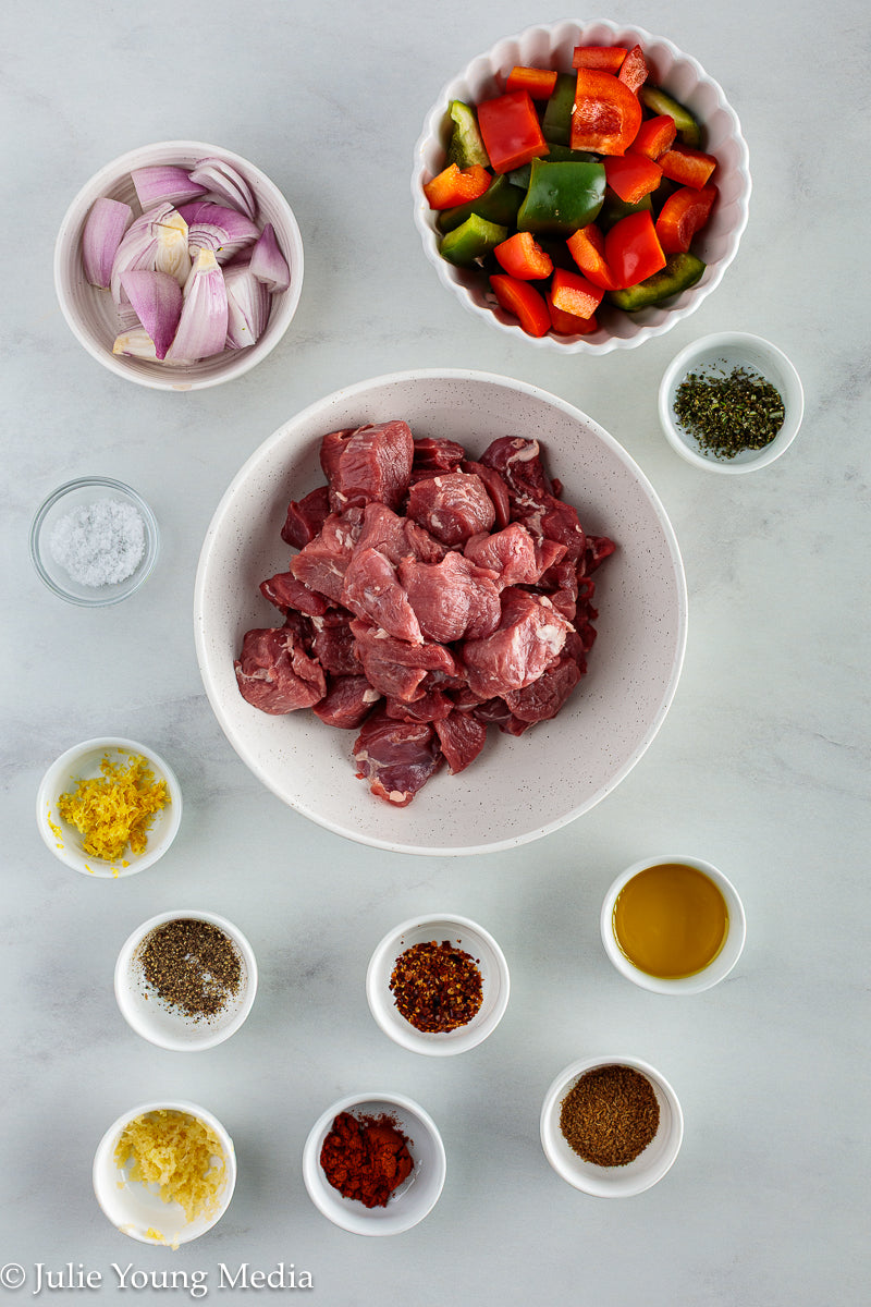 Grilled Leg of Lamb Kabobs with Lemon Herb Finishing Oil