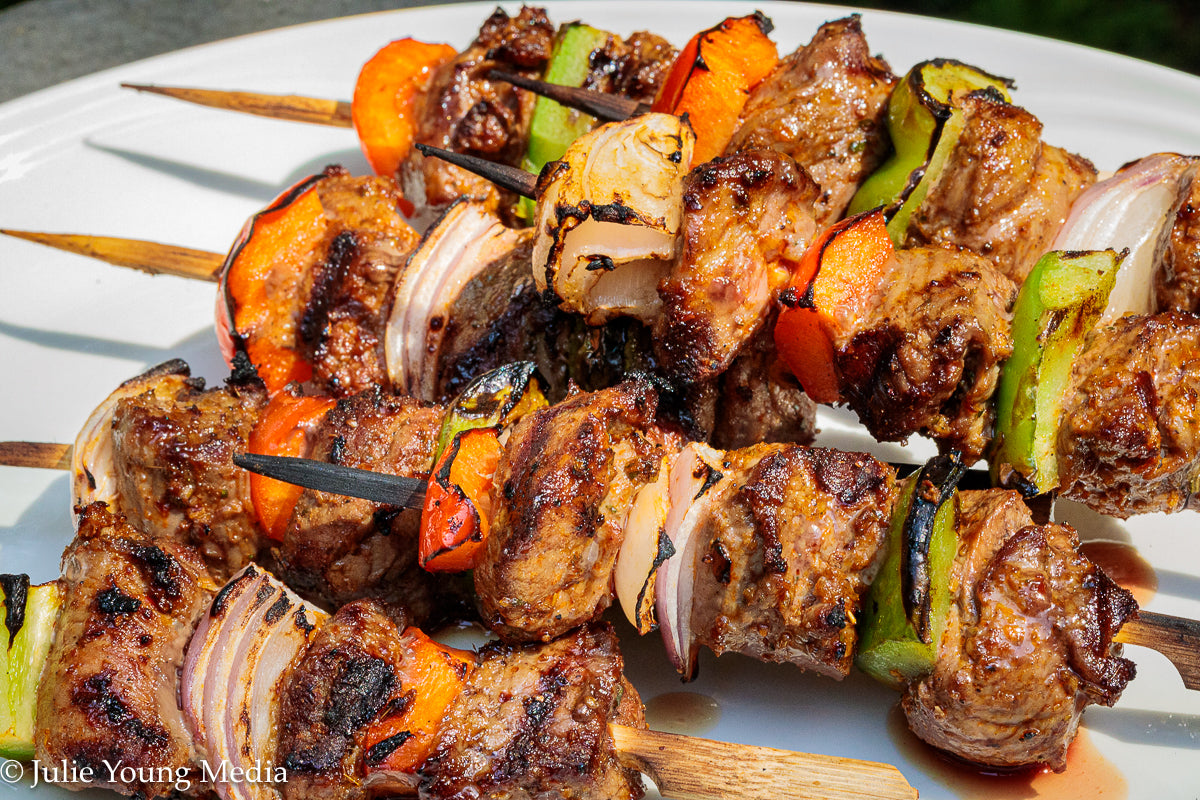 Grilled Leg of Lamb Kabobs with Lemon Herb Finishing Oil