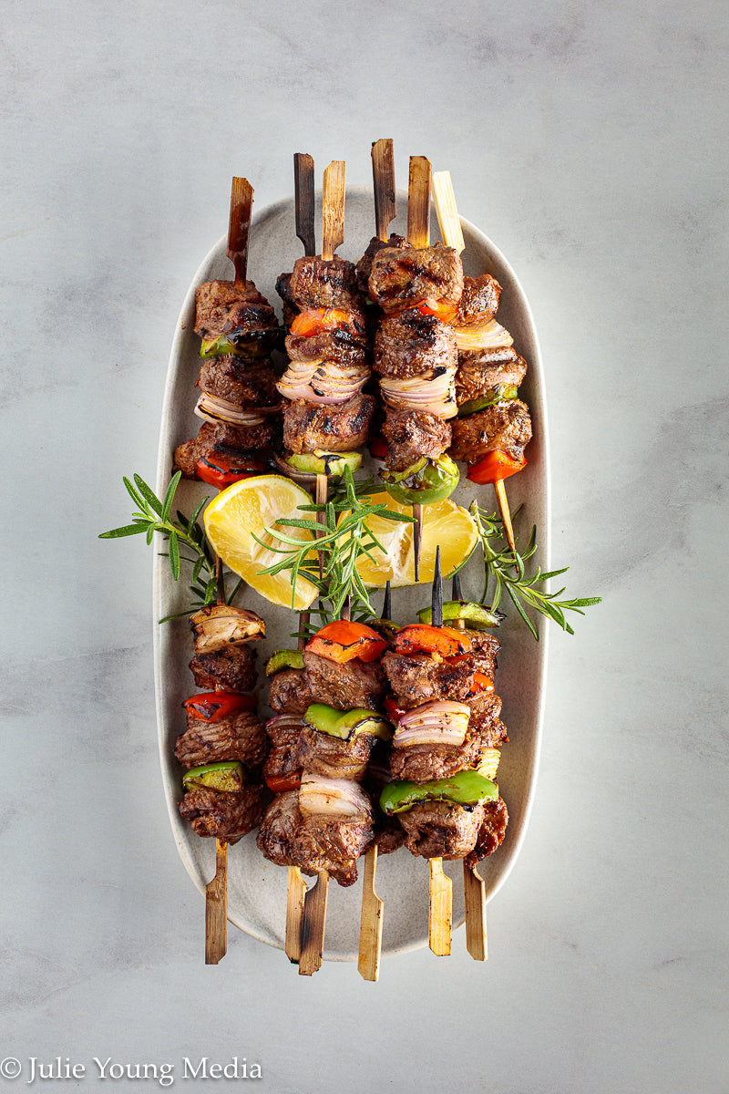 Grilled Leg of Lamb Kabobs with Lemon Herb Finishing Oil