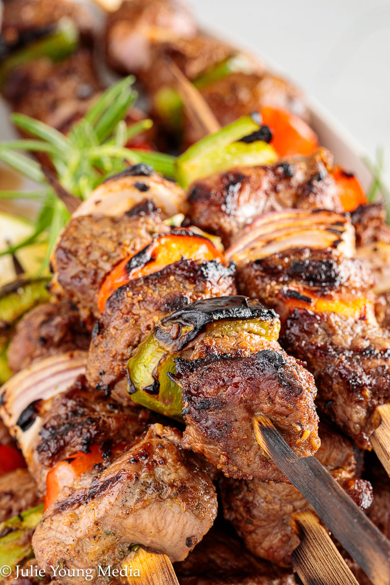Grilled Leg of Lamb Kabobs with Lemon Herb Finishing Oil