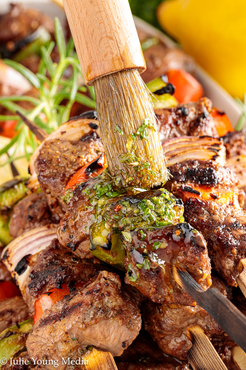Grilled Leg of Lamb Kabobs with Lemon Herb Finishing Oil