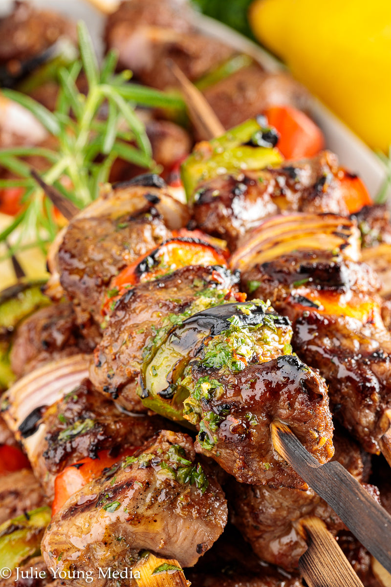 Grilled Leg of Lamb Kabobs with Lemon Herb Finishing Oil