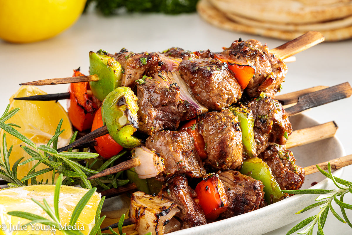 Grilled Leg of Lamb Kabobs with Lemon Herb Finishing Oil