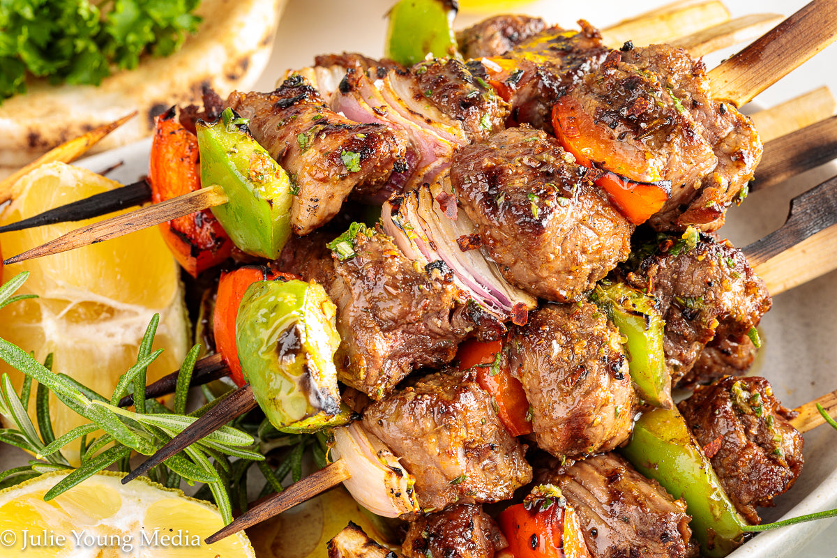 Grilled Leg of Lamb Kabobs with Lemon Herb Finishing Oil