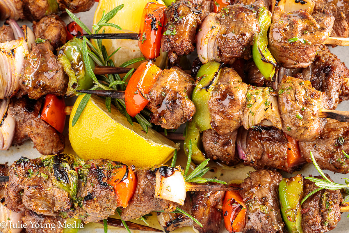 Grilled Leg of Lamb Kabobs with Lemon Herb Finishing Oil