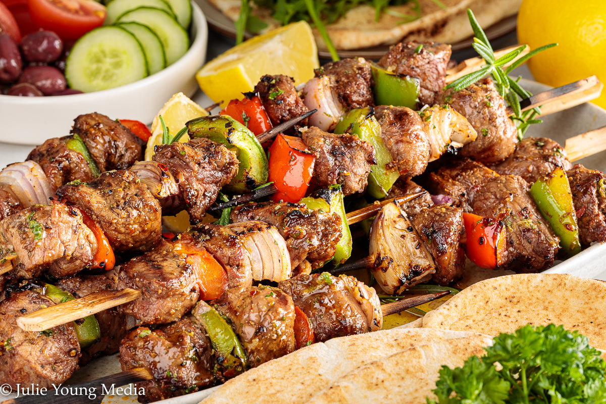 Grilled Leg of Lamb Kabobs with Lemon Herb Finishing Oil