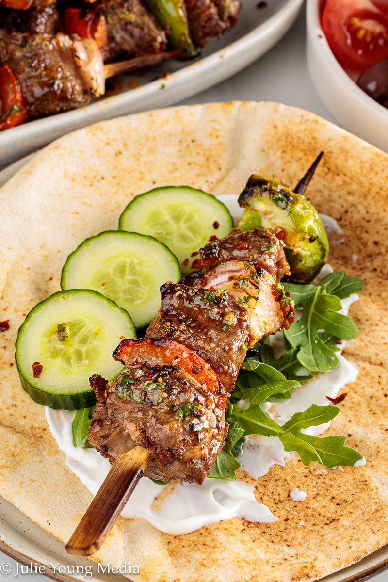 Grilled Leg of Lamb Kabobs with Lemon Herb Finishing Oil