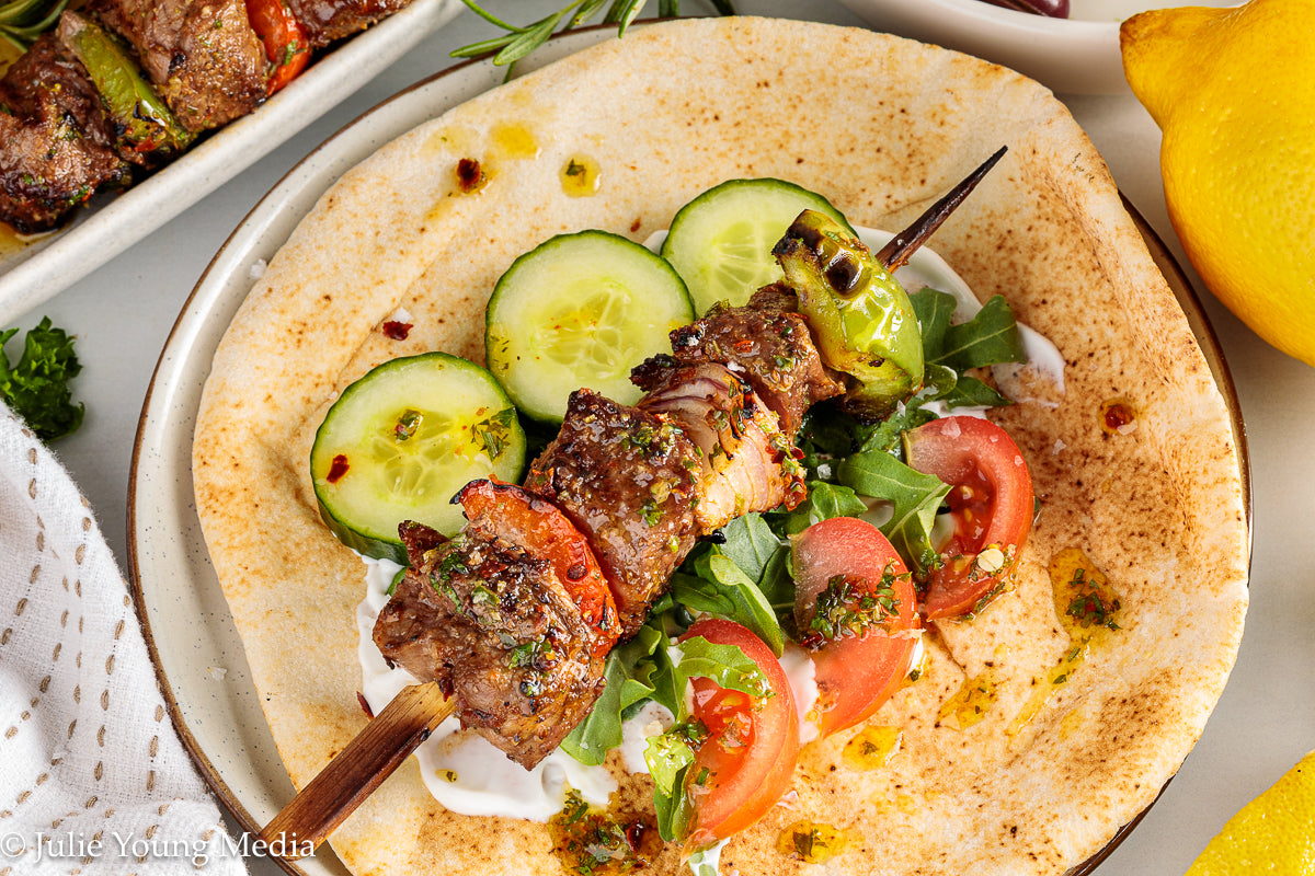 Grilled Leg of Lamb Kabobs with Lemon Herb Finishing Oil