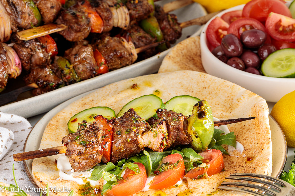 Grilled Leg of Lamb Kabobs with Lemon Herb Finishing Oil