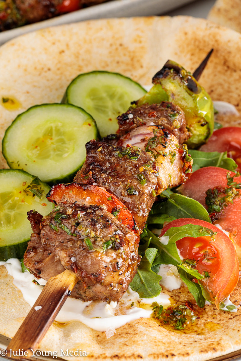 Grilled Leg of Lamb Kabobs with Lemon Herb Finishing Oil