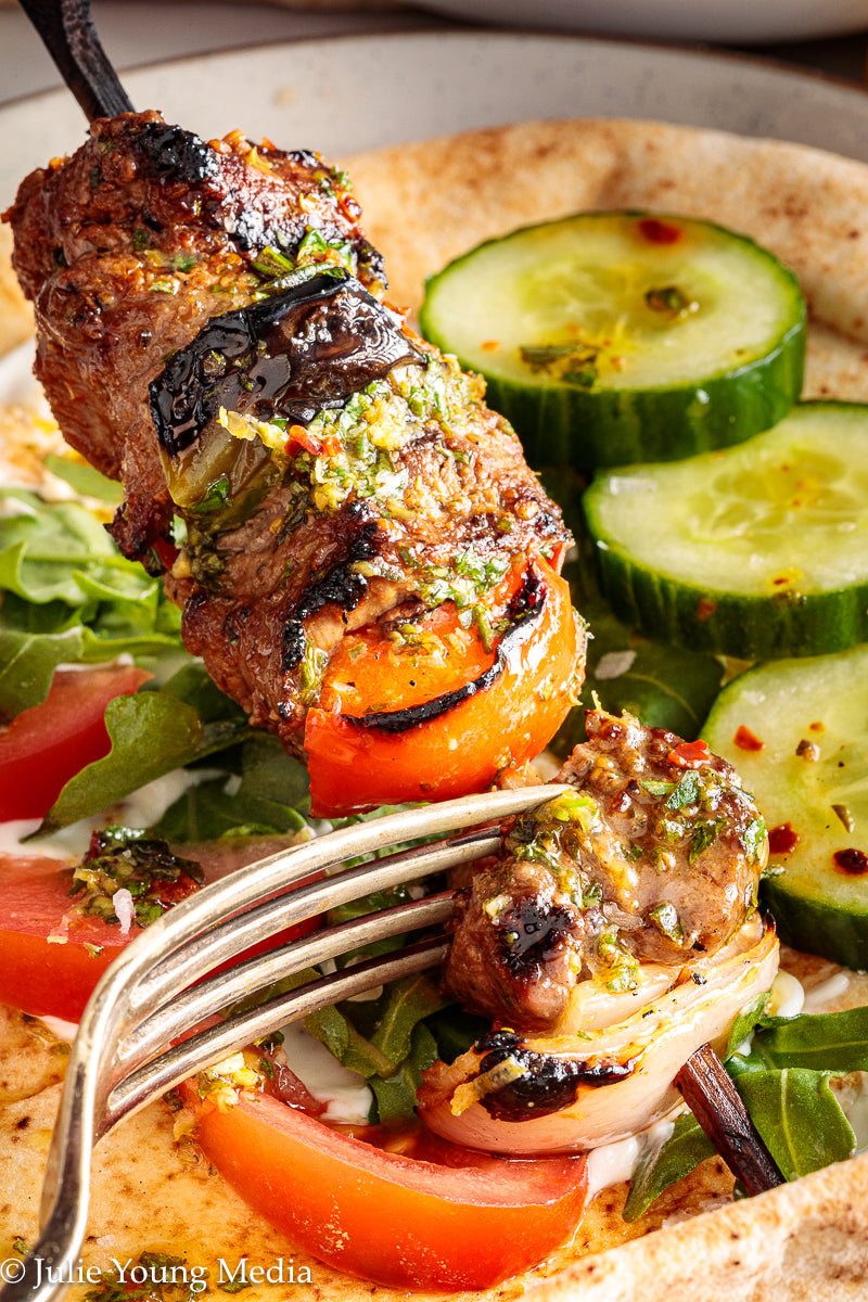 Grilled Leg of Lamb Kabobs with Lemon Herb Finishing Oil