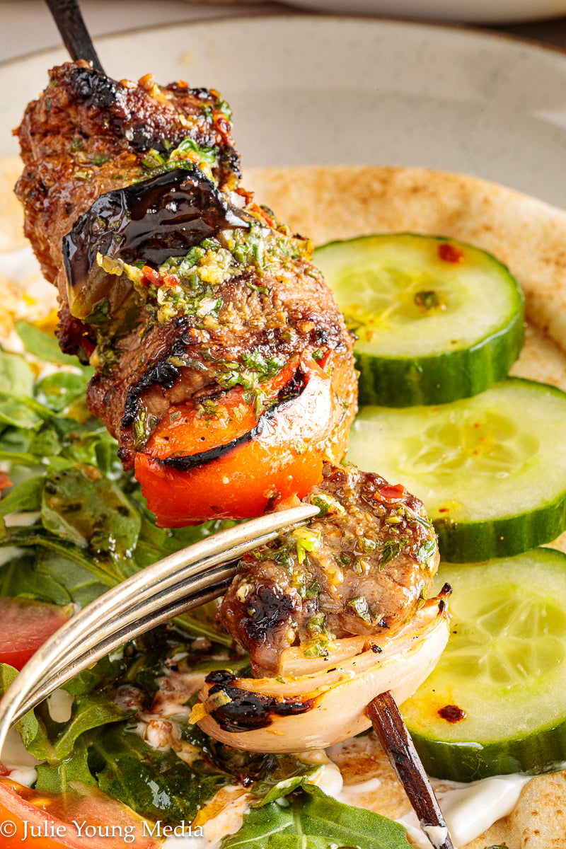 Grilled Leg of Lamb Kabobs with Lemon Herb Finishing Oil