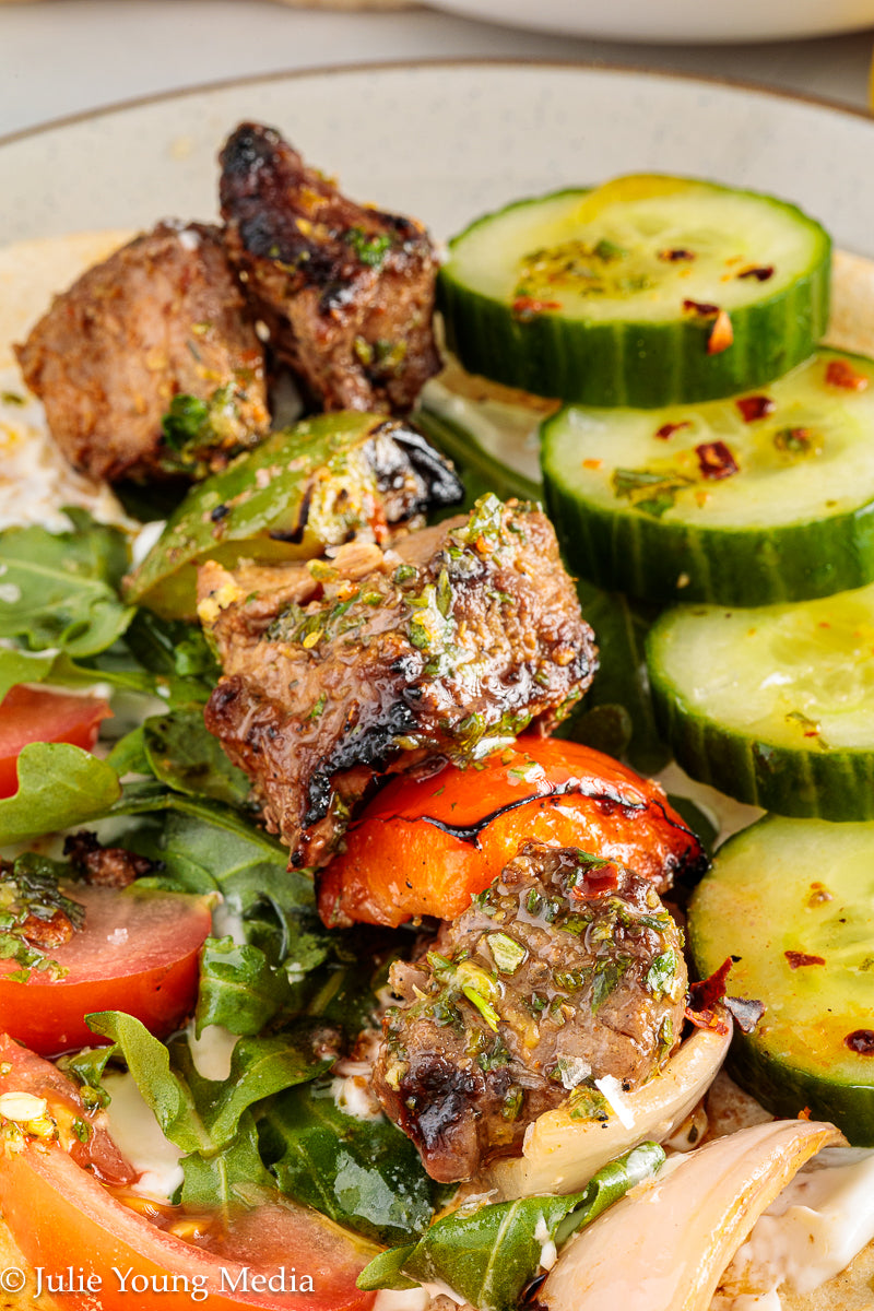 Grilled Leg of Lamb Kabobs with Lemon Herb Finishing Oil