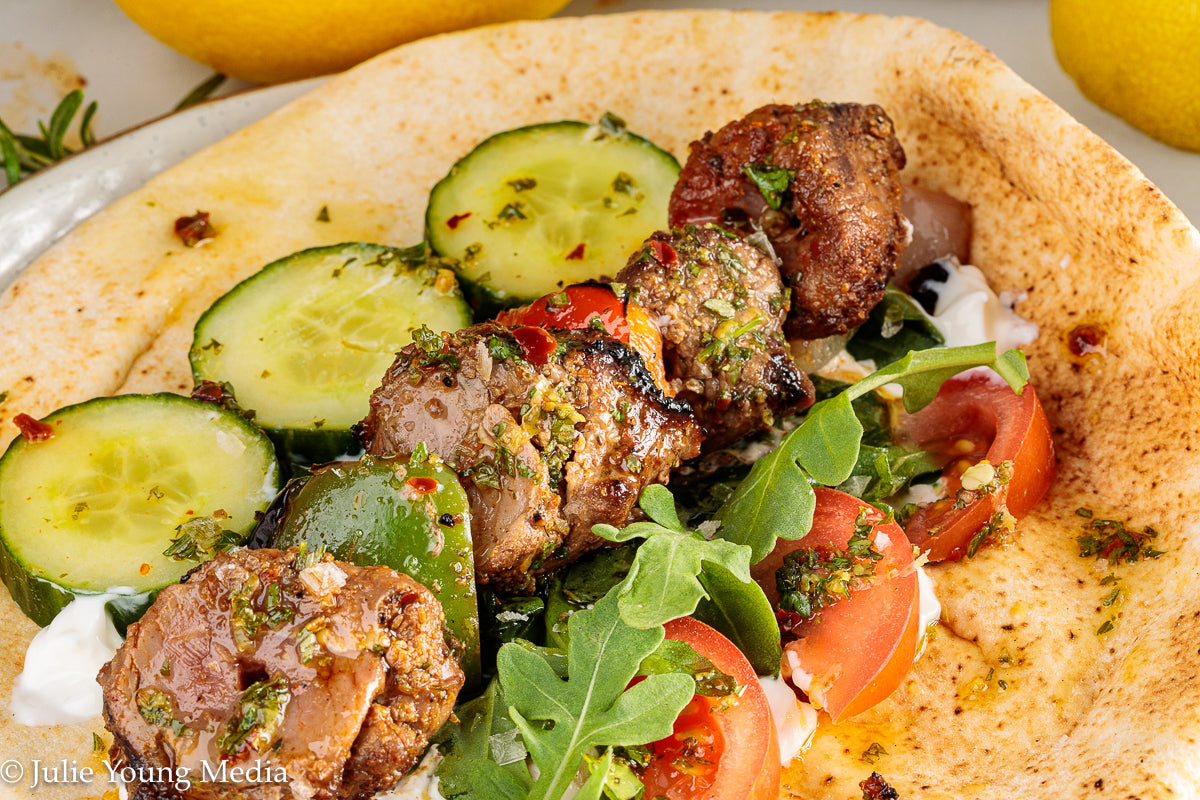 Grilled Leg of Lamb Kabobs with Lemon Herb Finishing Oil