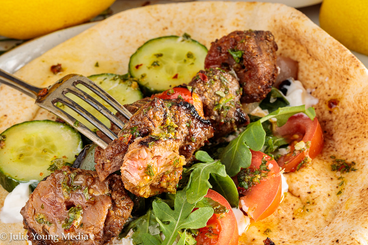 Grilled Leg of Lamb Kabobs with Lemon Herb Finishing Oil
