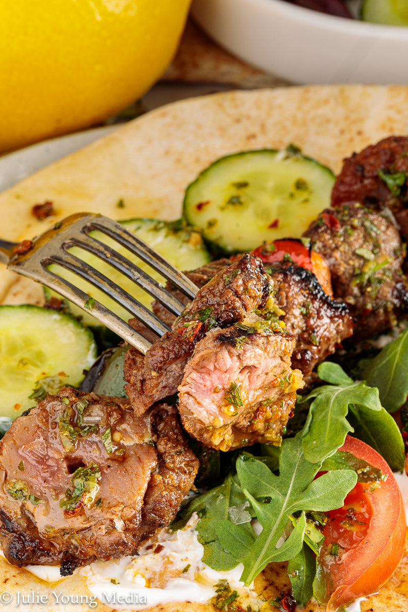 Grilled Leg of Lamb Kabobs with Lemon Herb Finishing Oil