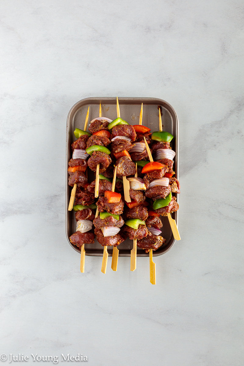 Grilled Leg of Lamb Kabobs with Lemon Herb Finishing Oil