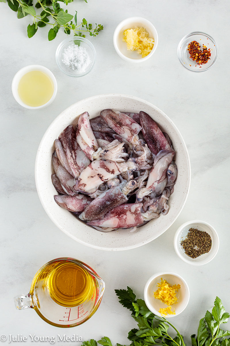 Grilled Squid with Lemon Herb Dressing