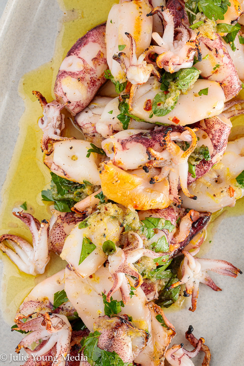Grilled Squid with Lemon Herb Dressing