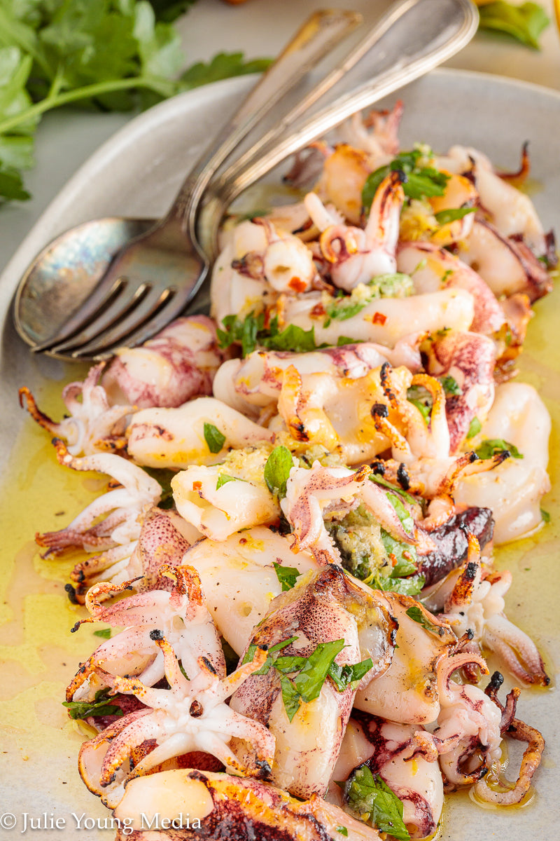 Grilled Squid with Lemon Herb Dressing
