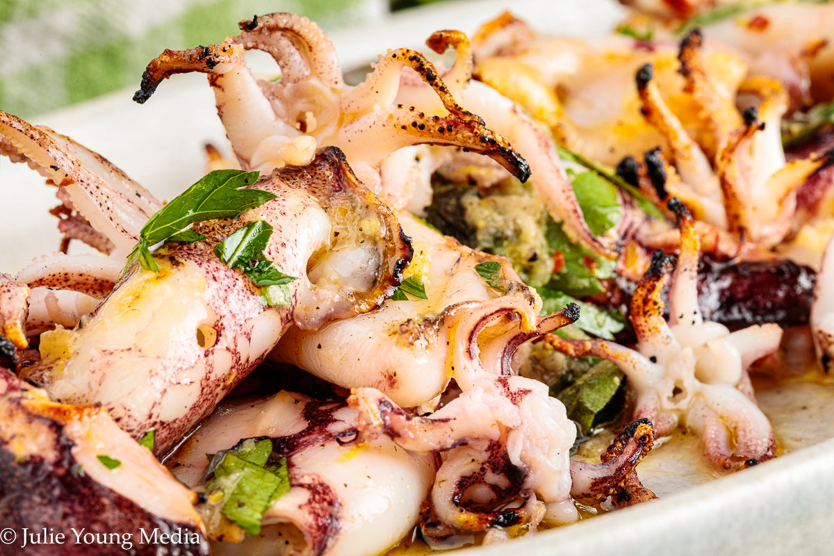Grilled Squid with Lemon Herb Dressing