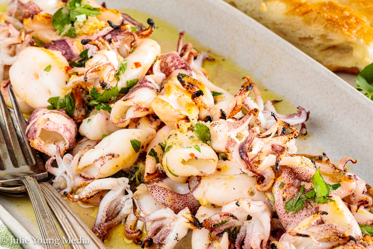 Grilled Squid with Lemon Herb Dressing
