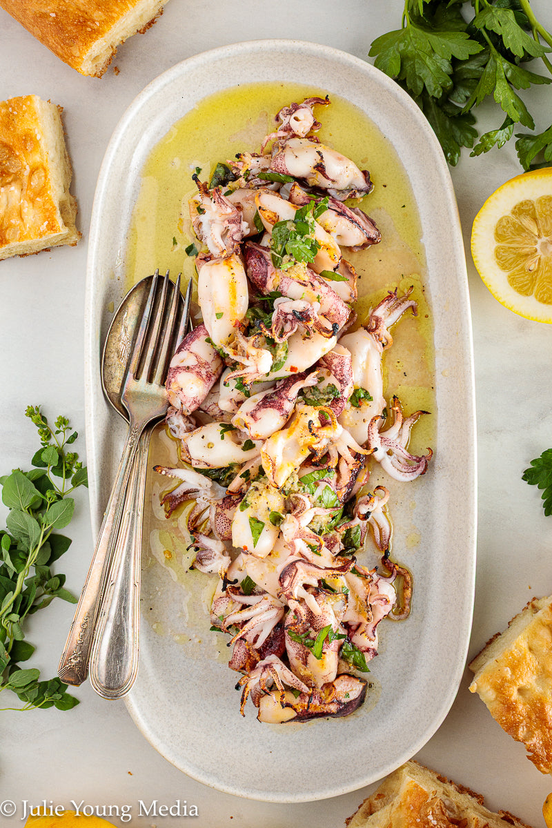 Grilled Squid with Lemon Herb Dressing