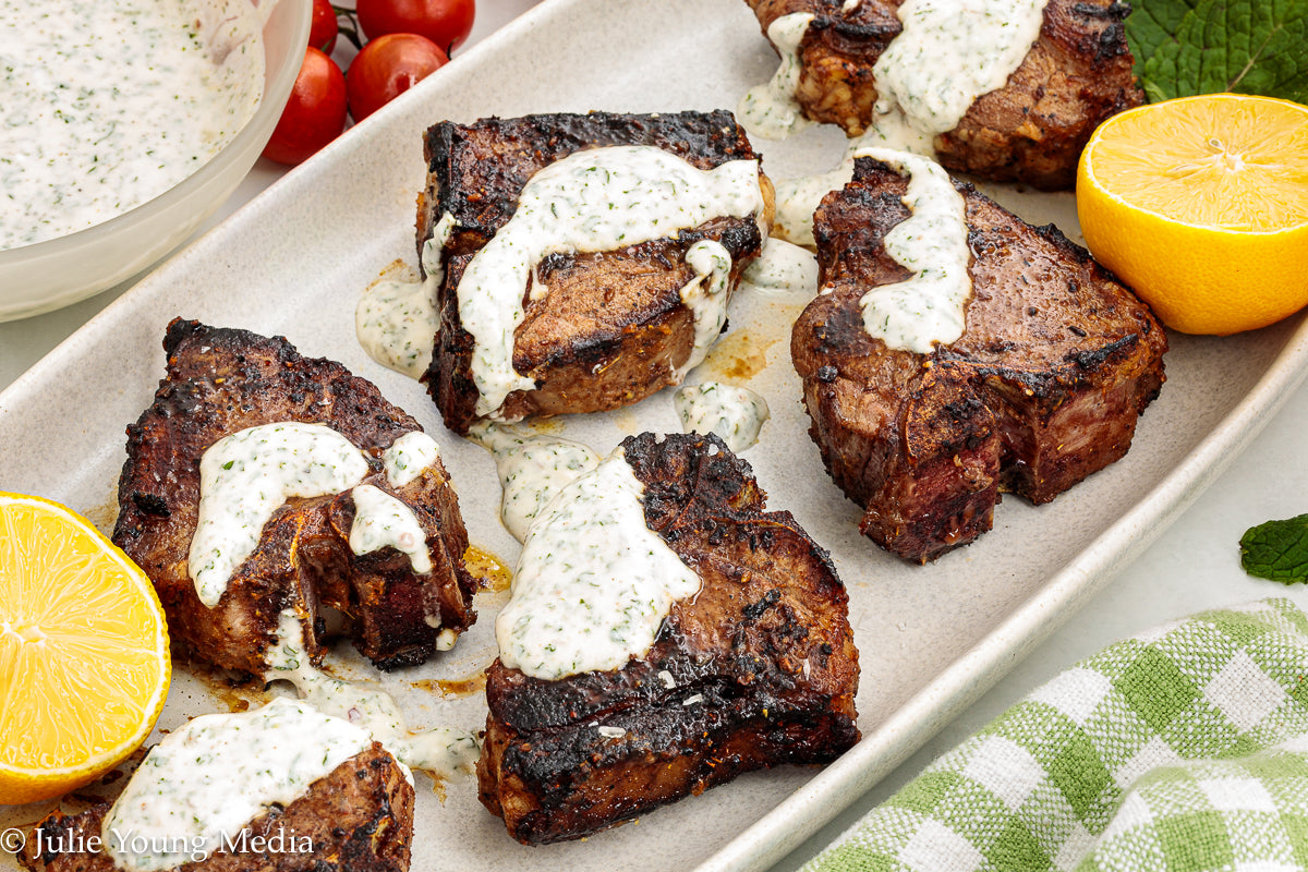 Cumin-Spiced Lamb Loin Chops with Mint Yogurt Drizzle