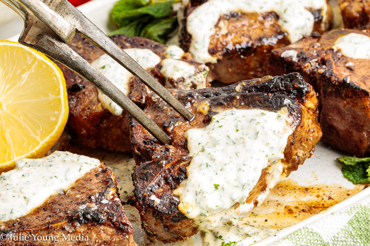 Cumin-Spiced Lamb Loin Chops with Mint Yogurt Drizzle