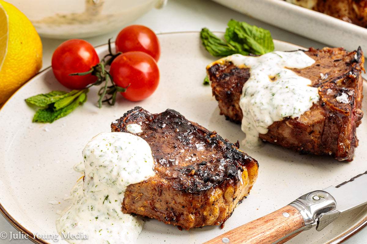 Cumin-Spiced Lamb Loin Chops with Mint Yogurt Drizzle