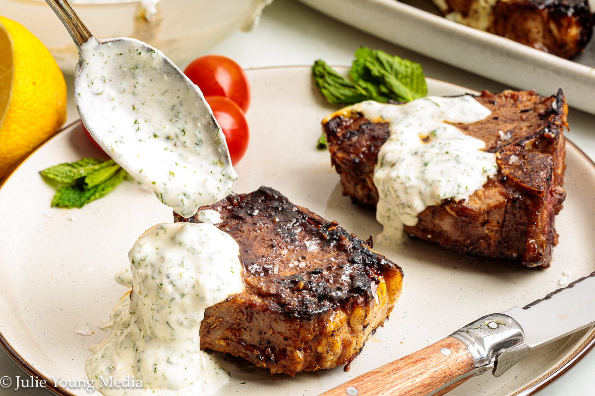 Cumin-Spiced Lamb Loin Chops with Mint Yogurt Drizzle