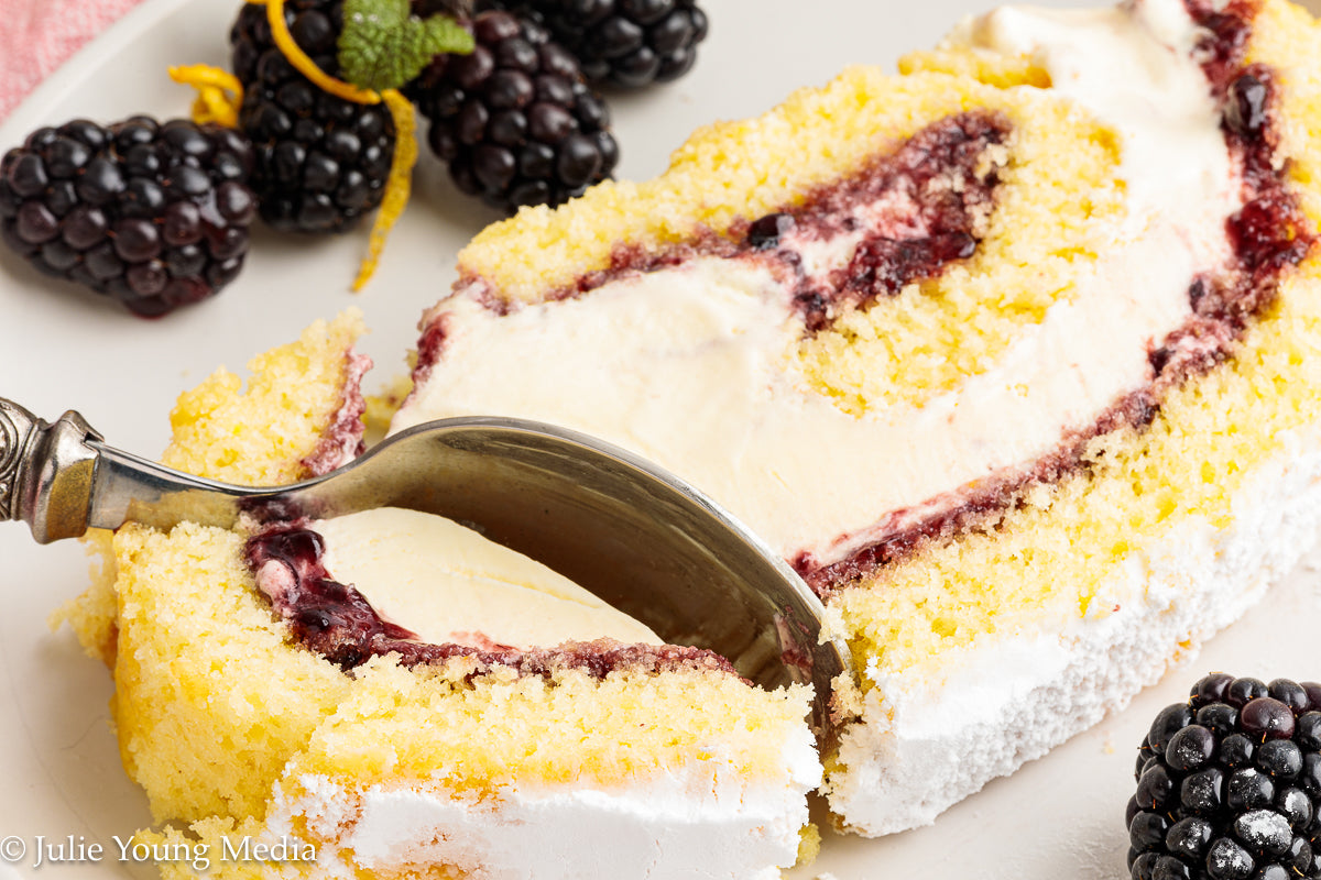Lemon Blackberry Ice Cream Jelly Roll Cake