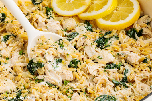 Creamy Lemon Chicken Orzo Pasta with Spinach and Boursin
