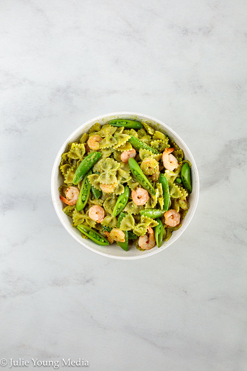Shrimp Pesto Pasta with Snap Peas