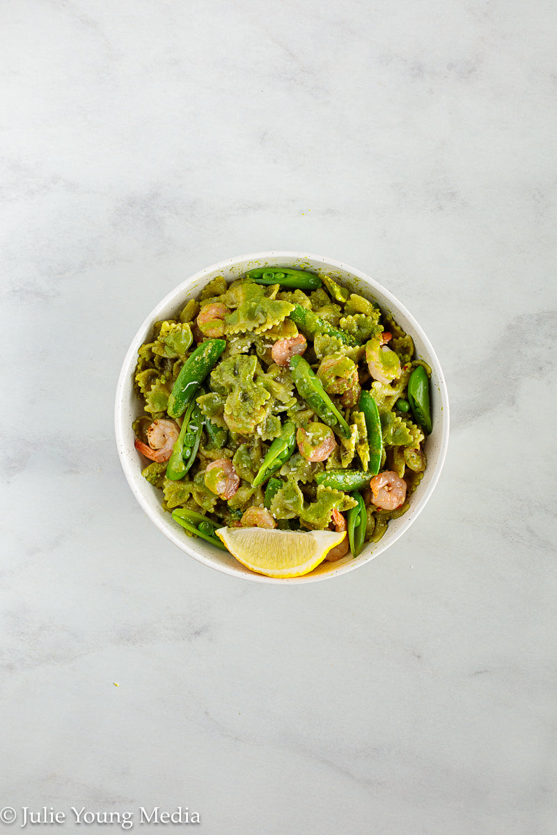 Shrimp Pesto Pasta with Snap Peas