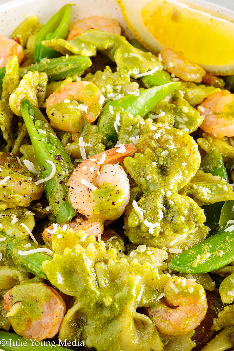 Shrimp Pesto Pasta with Snap Peas