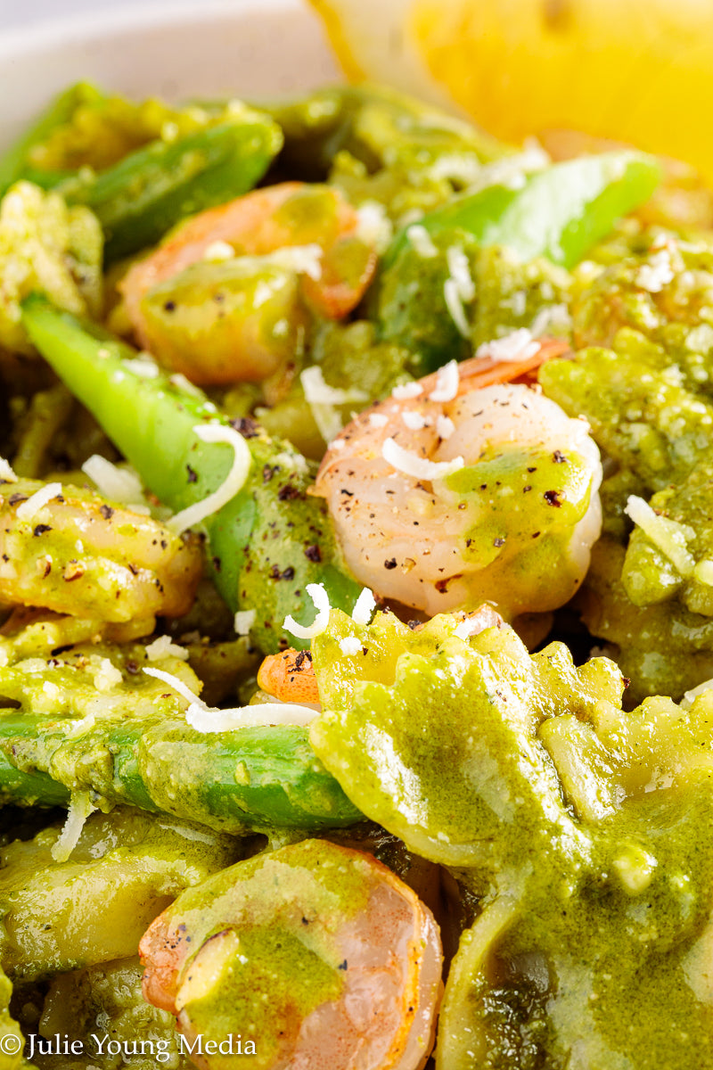 Shrimp Pesto Pasta with Snap Peas