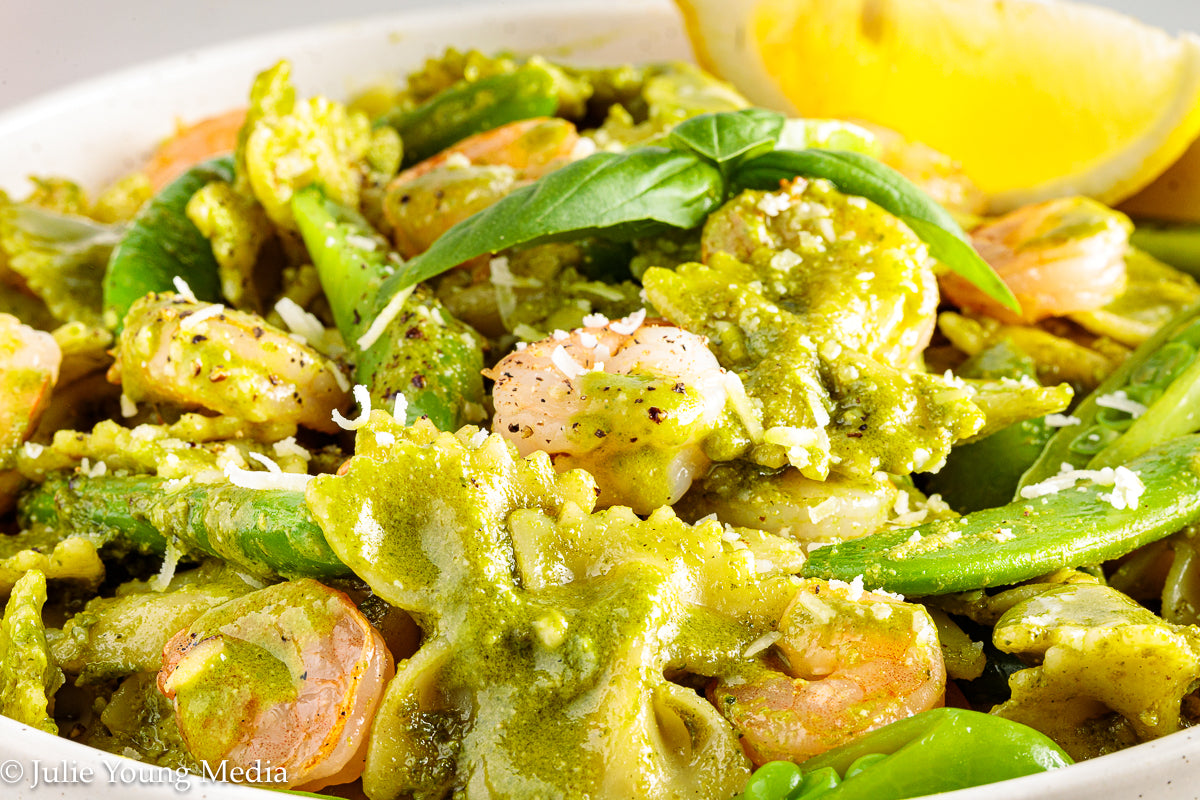 Shrimp Pesto Pasta with Snap Peas