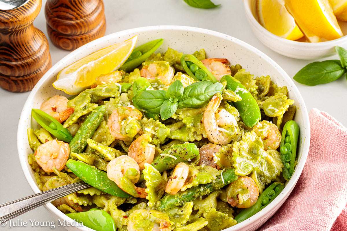 Shrimp Pesto Pasta with Snap Peas