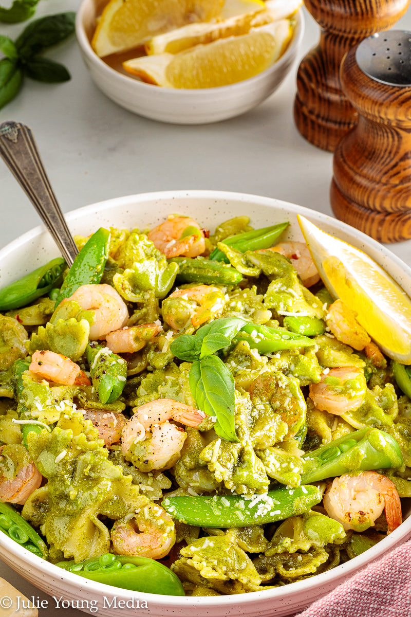 Shrimp Pesto Pasta with Snap Peas