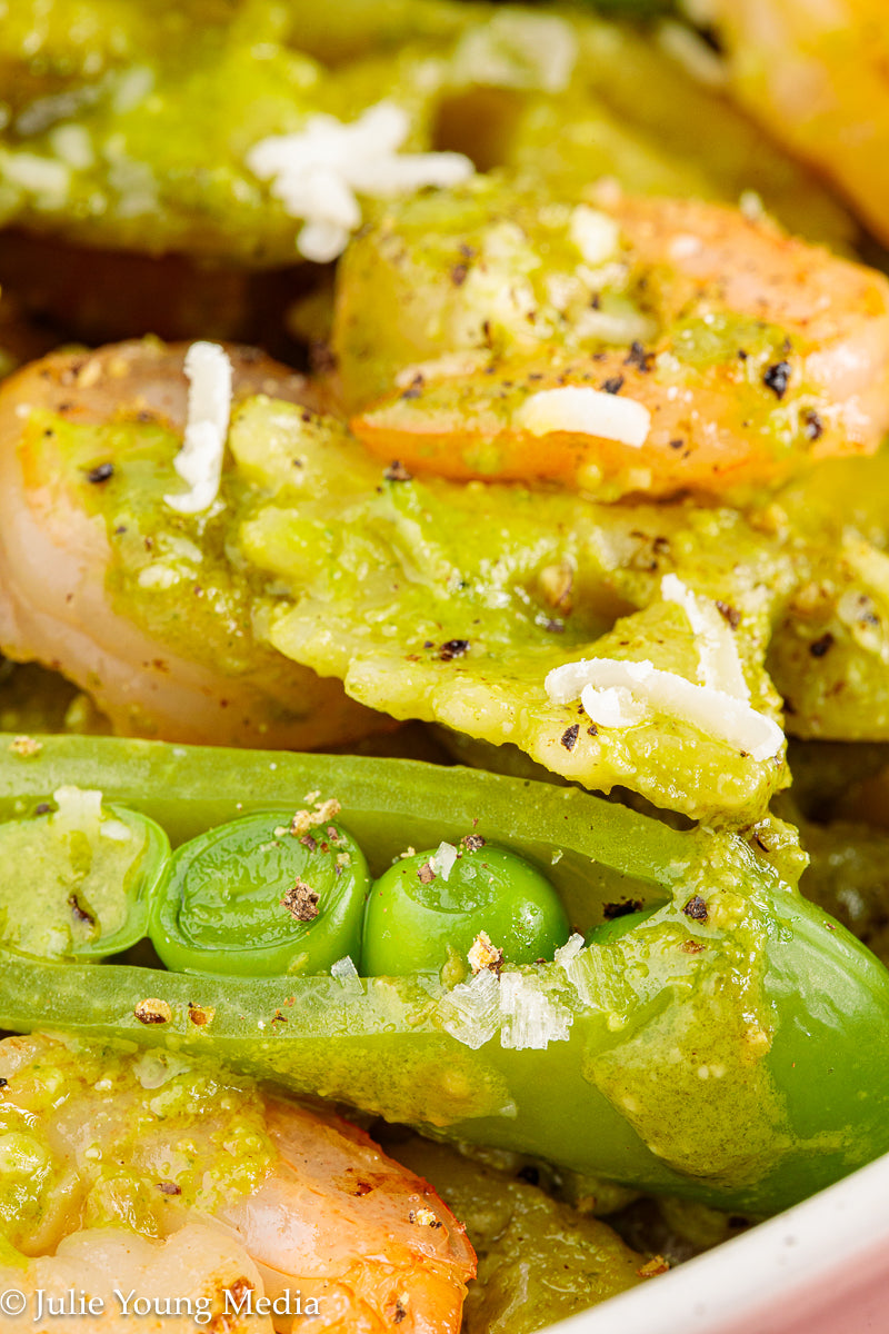 Shrimp Pesto Pasta with Snap Peas