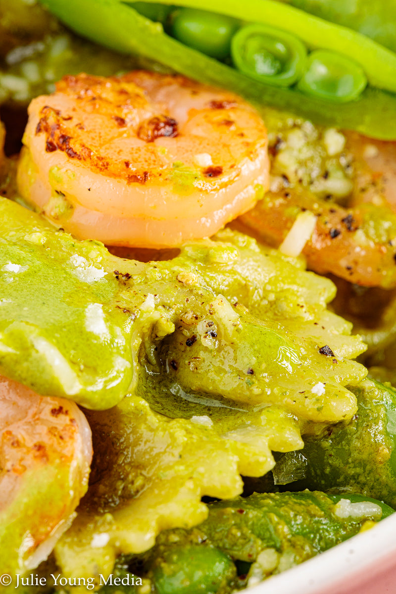 Shrimp Pesto Pasta with Snap Peas